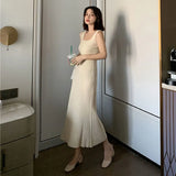 Dress Women All-match Knitting Vestido Vintage Spring Slim Daily Square Collar Solid Simple Clothing Spaghetti