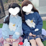 QWEEK Kawaii Doggy Hoodie Women Embroidered Blue Crewneck Sweatshirt Korean Winter 2021 Long Sleeve Cute Top Soft Girl