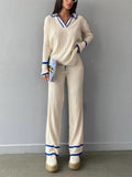 Color Knitted Trousers Suits Lape Knit Pullovers And Drawstring Pants Women 2 Piece Set Female Elegant Casual