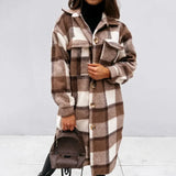 Checked Jackets Coats Women Fashion Casual Oversized Turn Down Collar Long Outwear Thick Warm Woolen Blends