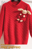 Detachable bear Sweater Winter Suits Women 2 Piece Set Sweet Red Loose Sweaters + PU Skirt Button Office Lady Skirt