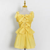Sweet Style Two Piece Suit Women‘s Clothing Bowknot Square Collar Sleeveless Top High Waist Shorts Female 2021