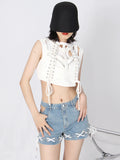 TWOTWINSTYLE Cut Out Tank Tops For Women Round Neck Sleeveless Bandage Solid Vests Female Sexy Clothing Summer New 2022
