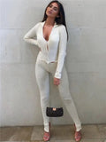 Skinny Two Piece Set Women Knit V-Neck Long Sleeve Top And Pants Female Jumpsuits 2 Piece Outfits Sexy Femme Matching