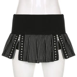Black Stripe Cute Y2K Micro Pleated Skirts Womens Zip Up Rivet Dark Goth Punk Mini Skirt Low Waist Sexy Grunge