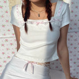 And Lively Girl Series Square Collar Wearing Lace Lace Spliced White Short-Sleeved T-Shirt 2024 New Style In Early Spring-Outfit