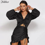 autumn sexy hollow Ruffled chiffon dress women 2019stretch Slim Soft Elegant pure street casual black Pleated dress
