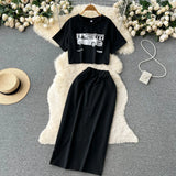 Women Casual Fashion Two Pieces Suits Print Short Sleeve T Short+Split Mid Long Skirt Suits Female Summer Vinage