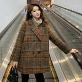 Women Plaid Wool Blends Coat Winter Autumn Fashion Elegant Tweed Woolen Outerwear