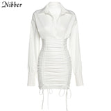 Elegant Stacked Drawstring Bodycon Mini Dress Women High Quality Office Solid Streetwear 2021 Spring Fall Popular