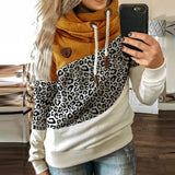 Leopard Print Sweatshirts Women Casual Turtleneck Long Sleeve Hoodies Fashion Drawstring Patchwork Female Pullovers