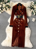 Retro Long-Sleeved Gold Velvet Dress Women's High-End Light Extravagant Suit Collar Waist Metal Button Medium Dress-Outfit