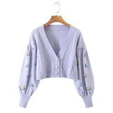 Neck Women Top Sweater Cardigan Flower Knittend Cardigans Single Breasted Oversize Sweaters Vintage Cropped