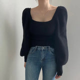 2022 New Autumn Winter Puff Sleeve Women's Sweater Casual Solid Sqaure Collar Knitting Pullovers Knitwear Elegant