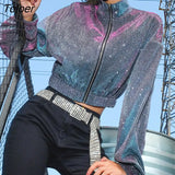 Glitter Blue Long Sleeve Cropped Jacket Female Korean Streetwear Bomber Coat Harajuku Women Spring Autumn