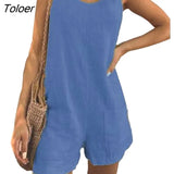 summer Women's Jumpsuit Solid Color Sleeveless Adjustable Straps Pockets Loose Jumpsuit Dungarees Short Pants