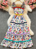 Runway Beach Bows Spaghetti Strap Flower Stitching Dress Women's Sleeveless Backless Floral Print Holiday Party