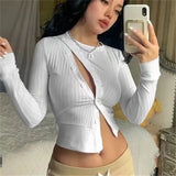 Casual grid Hollow Out Crop Top For Women Long Sleeve Sexy O Neck Pullover Slim Slant Button T Shirts Y2K 2021