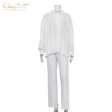 Causal Loose Home Suit Autumn Long Sleeve Blouse With High Wasit Pants Set Women Elegant Pleated Beige 2 Piece Pant