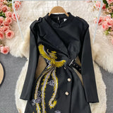 Fashion Designer Black Dresses Spring Autumn Women's Embroidery Elegant Asymmetrical Dresses Femme