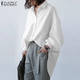 Stylish Women's Lapel Blouses ZANZEA 2022 Puff Sleeve Shirts Casual Button Blusas Female Solid Asymmetrical