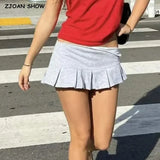 Y2K Side Zipper Grey Pleated Mini Skirt Sexy Low Waist Short Skater Skirts-Outfit