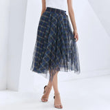 Plaid Patchwork Mesh Skirt For Women High Waist Vintage Elegant Midi Skirts Female 2020 Fall Fashionable New