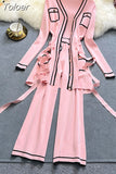 And Winter Long-Sleeve Knit Suits Lace-Up Waist Mid-Length V-Neck Cardigan + Wide-Leg Pants Two-Piece Outfits