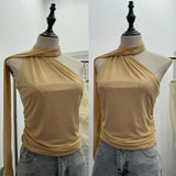 Shooting Mesh Ribbon Hanging Neck Folded Sleeveless Top Babes Two-Wearing Design Wrapping Bras