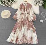 Quality Light Extravagant Lantern Long Sleeved Round Collar Waist Slim Single Breasted Printed Dress Elegant Long Skirt-Outfit