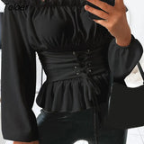 Women Tops Fashion Off Shoulder Ruffle Women T-Shirts Solid Color Long Sleeve Summer Blouse For