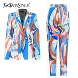 Print Two Piece Set For Women Notched Long Sleeve Blazer High Waist Full Length Pant Hit Color Sets Female 2021