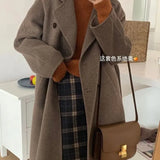Women Mid Length Wool Coats Splice Korean Jackets Turn Down Collar Full Sleeve Double Breasted Thick Autumn Winter-Outfit
