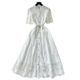Summer Women's Dress Small High-End Embroidery Single Buckle Waist Elegant Knee Long