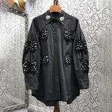 Korean Fashion Patchwork Bowknot Shirt For Women Lapel Lantern Sleeve Button Through Blouse Female Clothing