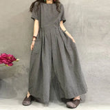 Women Rompers Summer Wide Leg Overalls Vintage Plaid Short Sleeve Jumpsuits Casual Back Zip Playsuits