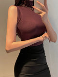 Turtleneck Sleeveless T Shirts Female Vintage Women Clothing 2023 Summer New Slim Tee Shirt Femme Fashion Korean Y2K Tops-Outfit