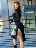 Turtleneck Knee Length Dresses For Women Sexy Side Split Elegant Long Sleeve Bodycon Chic Autumn Fashion Dresses