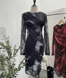 Vintage Tie-Dye Printing Irregular Folded Mesh Yarn Body-Body-Sleeve Dress