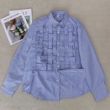Women Plus Size Shirt Long Sleeve Blue Hollow Out Polo Collar Blouse Loose Fashion Patchwork Female Shirts Chic Top
