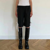 Women's Y2K Aesthetic Striped Print Knee Length Shorts Elastic Waist Side Bow Knot Tied Details Straight Short Pants-Outfit