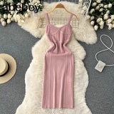 Women Summer Knitted Dress Squre Neck Sleeveless Backless Sheath Sundress Streetwear Ladies Sexy Party Long