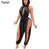 Velvet Club Jumpsuit For Women Hollow Out Fashion Autumn Solid Sexy One Piece Halter Party Rompers Jumpsuits For