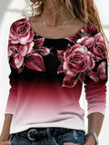 Long Digital Printing Sleeve Loose Neck Casual Pullover Print