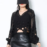 Casual Plain Shirt For Women V Neck Loose Long Sleeve Patchwork Cut Out Pullovers Female 2022 Spring Clothing