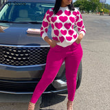 Women Two Piece Cute Sweet Suits Long Sleeve Heart Shirt Top & Pocket Pants