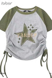 Women T-shirts Vintage Fashion Crop Tops Chic Star Embroidery Korean Tees 2023 Ropa Mujer Slim Fit Drawstring Y2k