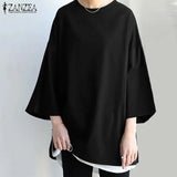 Womens Baggy Solid Blouse ZANZEA 2022 Vintage Flare Sleeve Tops Casual Autumn Blusas Female Split Tunic Oversized