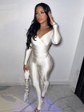 Sexy Skinny Solid Two Piece Set Women Fashion Cross V-neck Long Sleeve Tops+ High Waist Floor Length Trousers Street Suit-Outfit