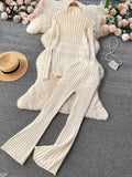 Solid Winter Slim Sweater Sets Female Stand Collar Long Pullover+Casual Wide Leg Pants Fashion Knit Two Pieces